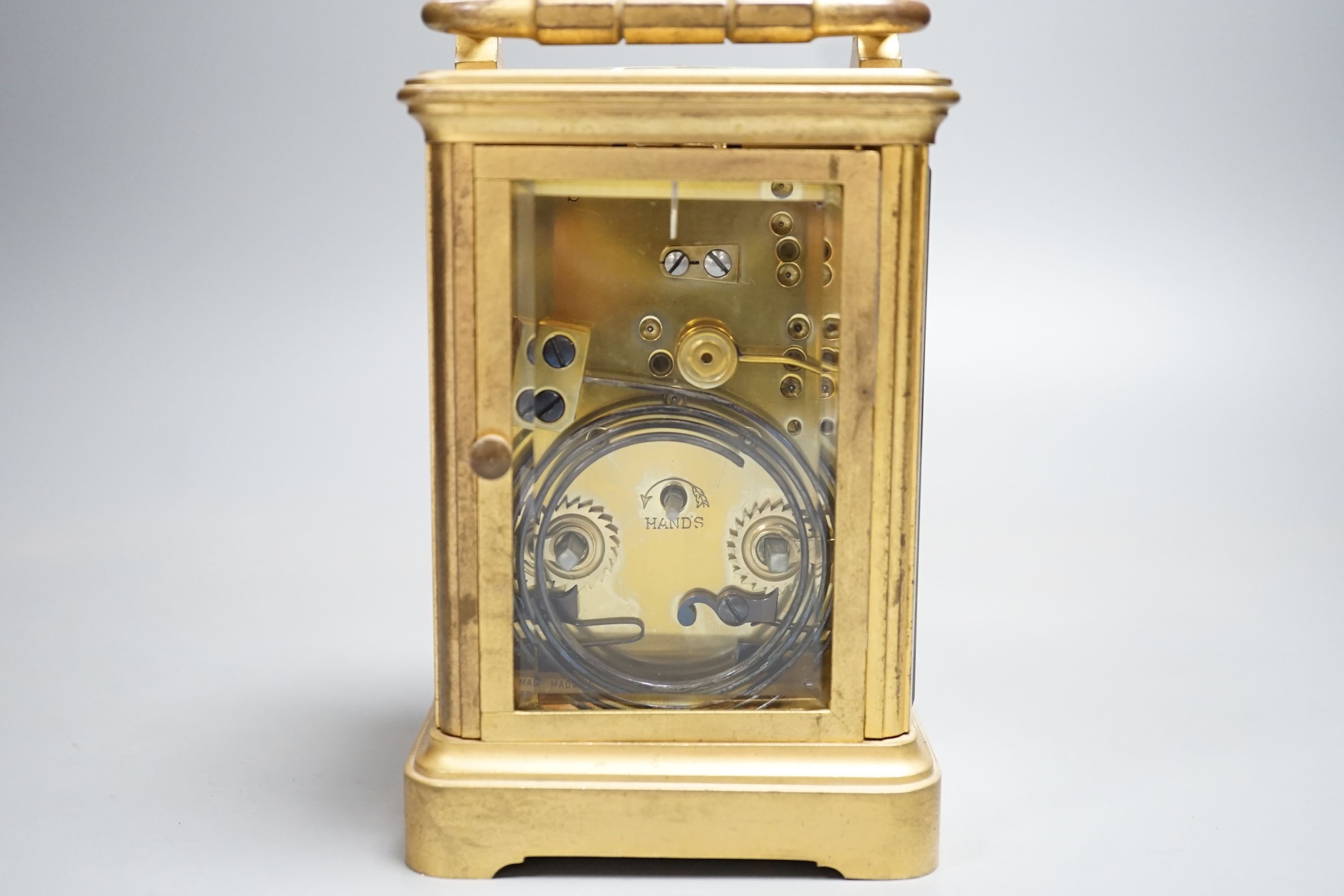 A French gilt brass carriage clock with push repeat, examined by Dent. 13cm (handle down)